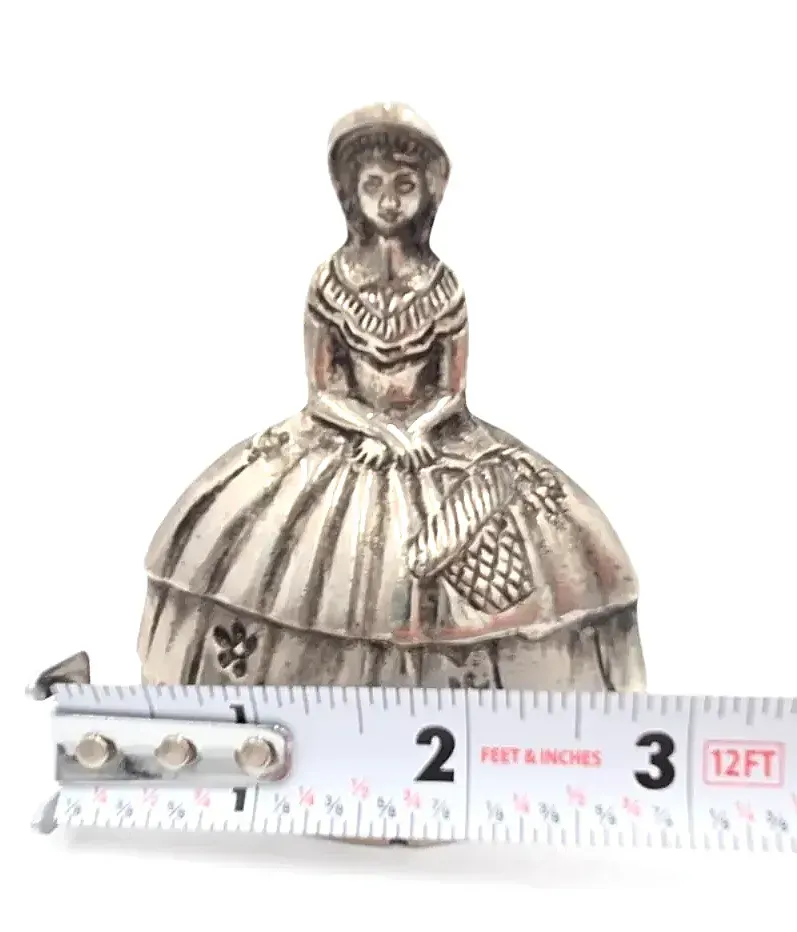Vintage Victorian Lady Bell Silver Tone Figural Woman Dress Hand Bell Basket Flowers