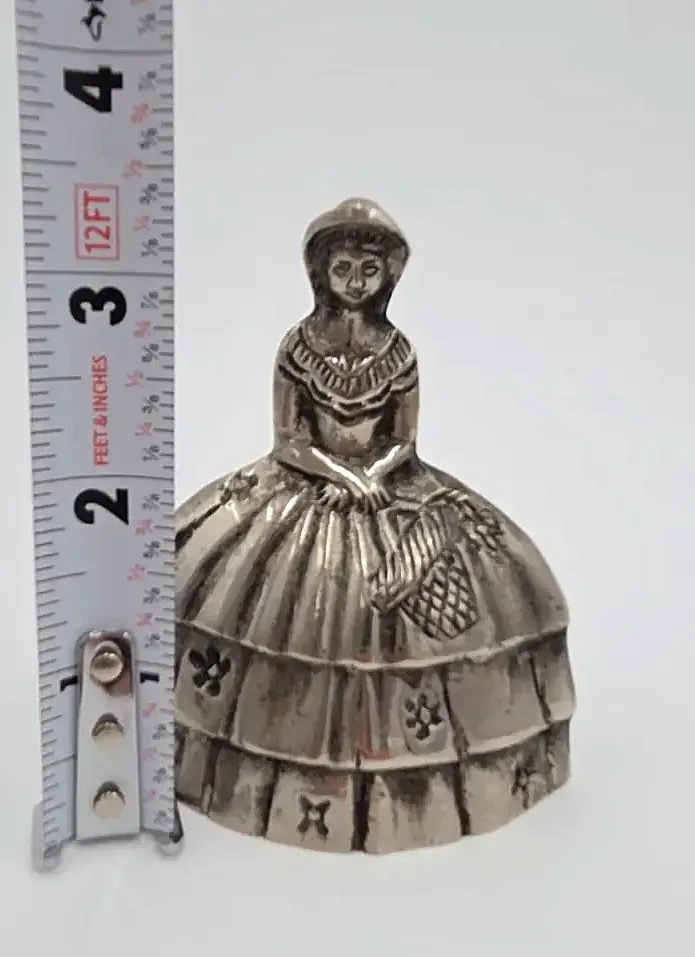 Vintage Victorian Lady Bell Silver Tone Figural Woman Dress Hand Bell Basket Flowers