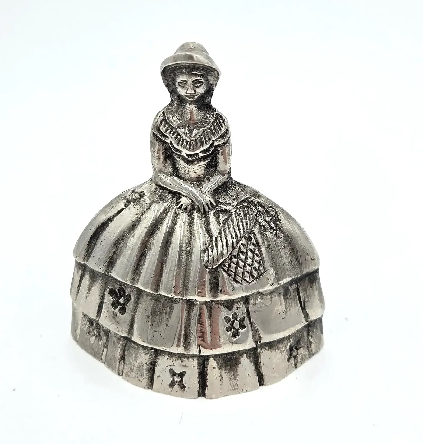 Vintage Victorian Lady Bell Silver Tone Figural Woman Dress Hand Bell Basket Flowers
