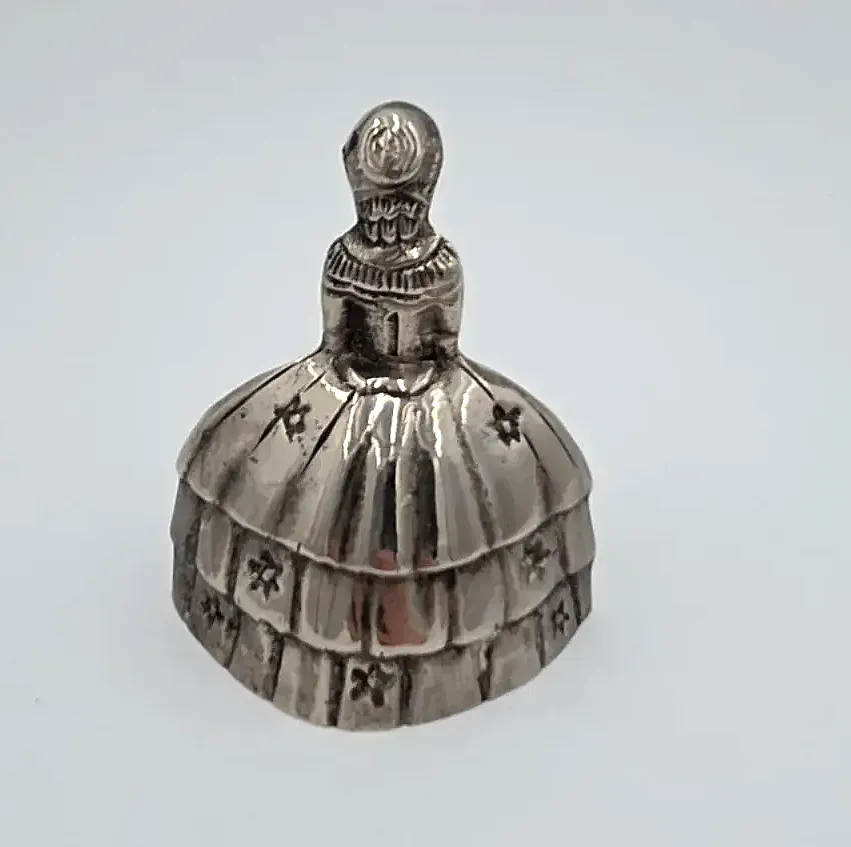Vintage Victorian Lady Bell Silver Tone Figural Woman Dress Hand Bell Basket Flowers