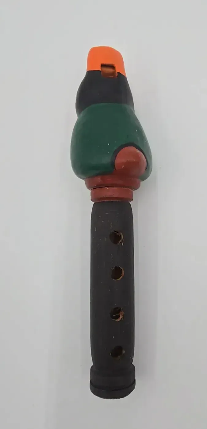 Vintage Hand Painted Wooden Parrot Bird Whistle Flute 4-Hole Folk Art — side view
