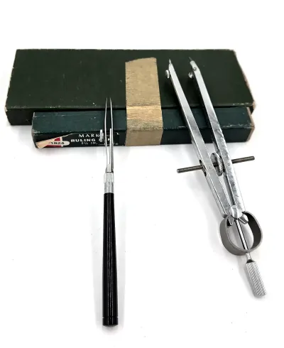 Vintage KE Drafting Tools Jupiter Bow Compass Mark I Ruling Pen Germany Boxed
