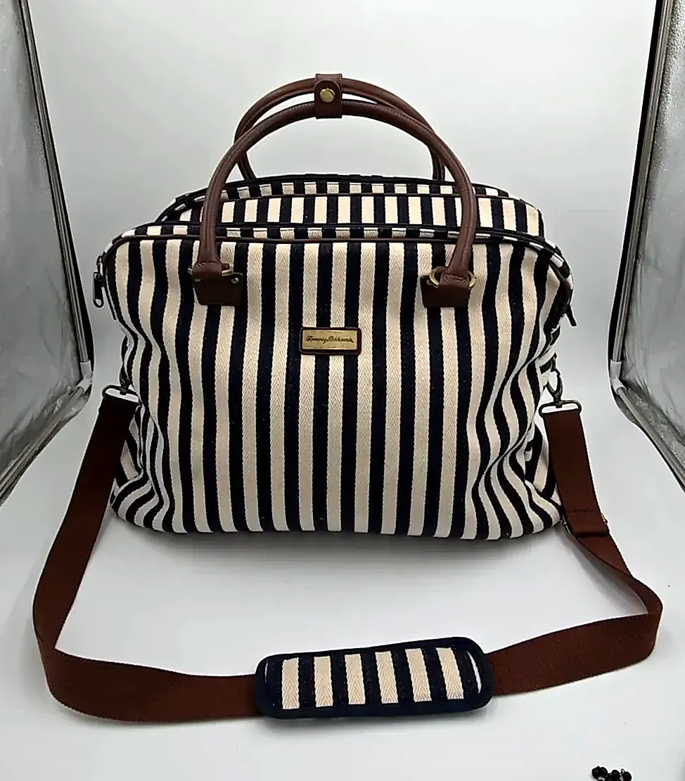 Tommy Bahama Laguna Canvas Weekender Duffle Travel Bag Striped Navy Blue Cream
