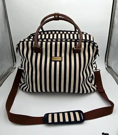 Tommy Bahama Laguna Canvas Weekender Duffle Travel Bag Striped Navy Blue Cream