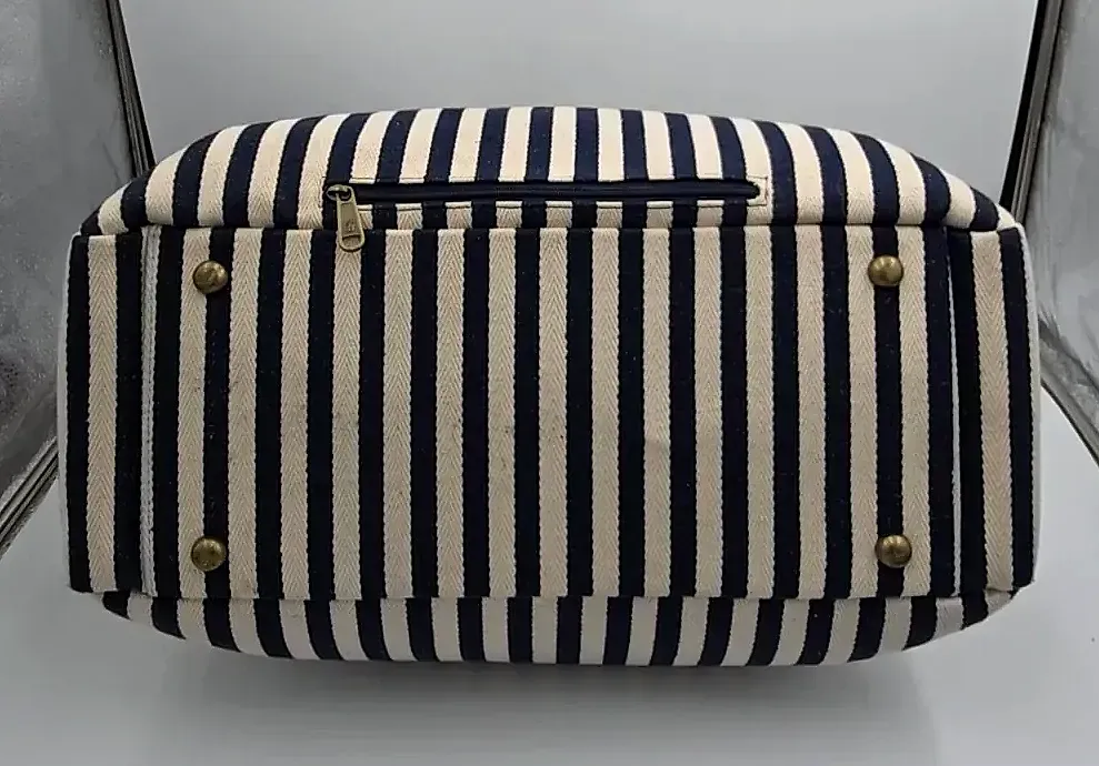 Tommy Bahama Laguna Canvas Weekender Duffle Travel Bag Striped Navy Blue Cream — underside