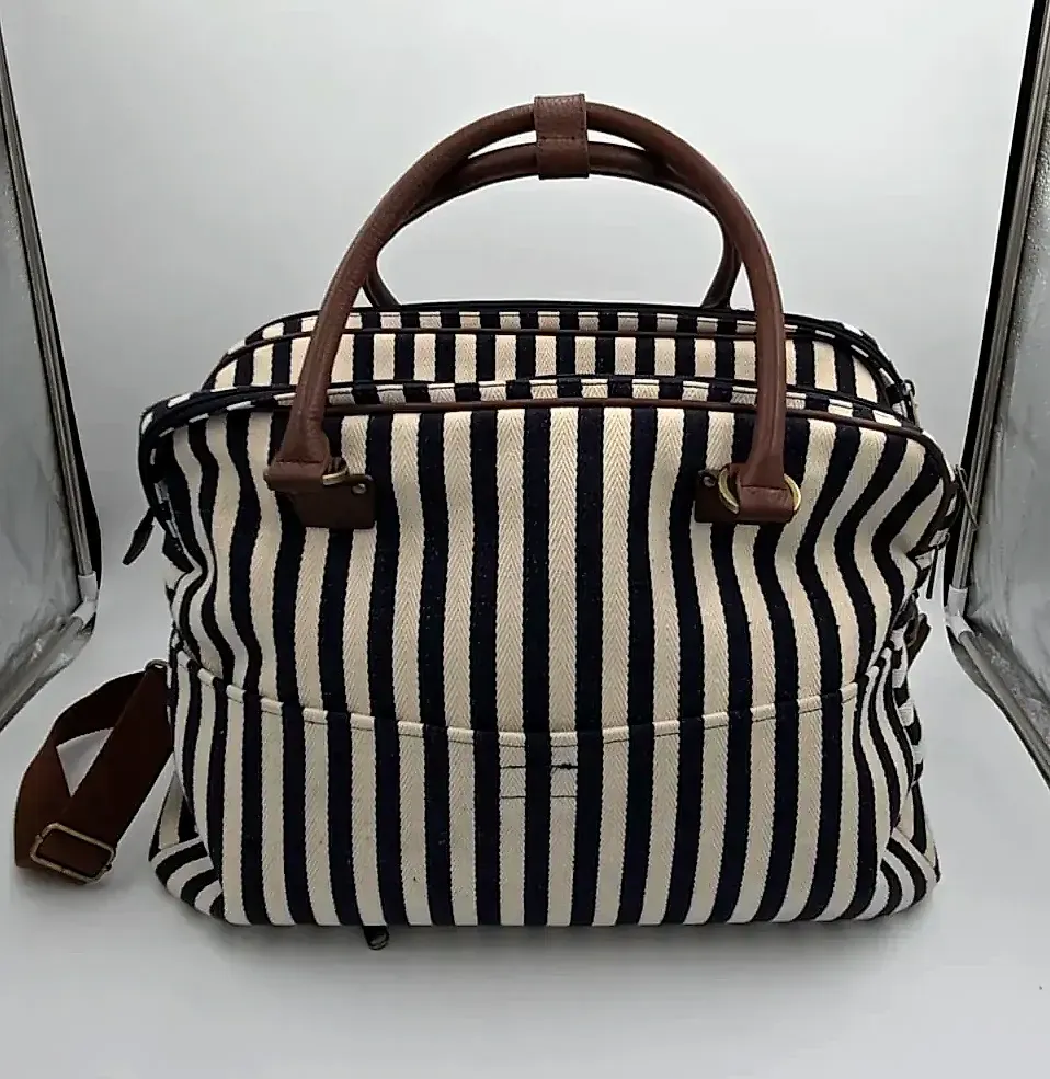 Tommy Bahama Laguna Canvas Weekender Duffle Travel Bag Striped Navy Blue Cream — maker's mark