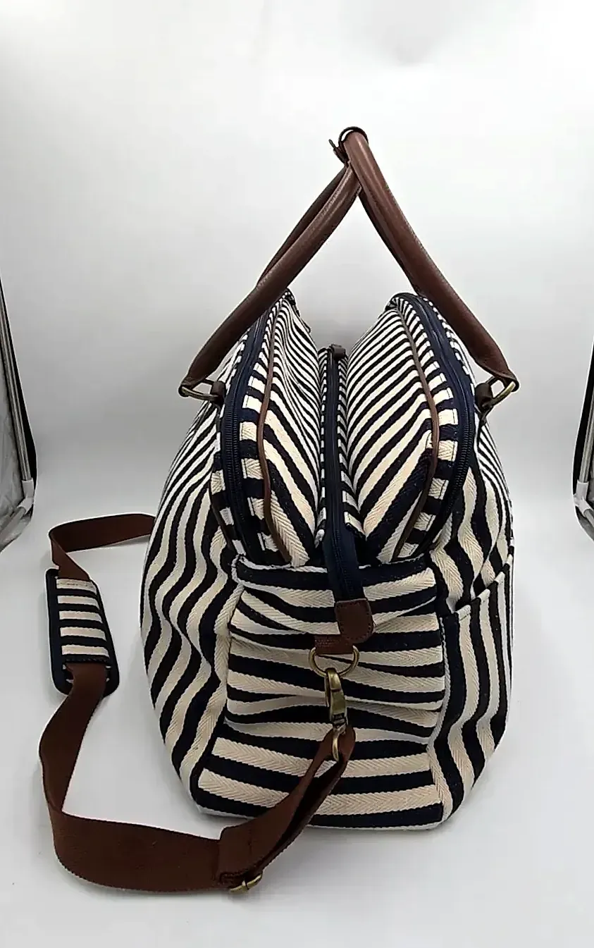 Tommy Bahama Laguna Canvas Weekender Duffle Travel Bag Striped Navy Blue Cream — detail
