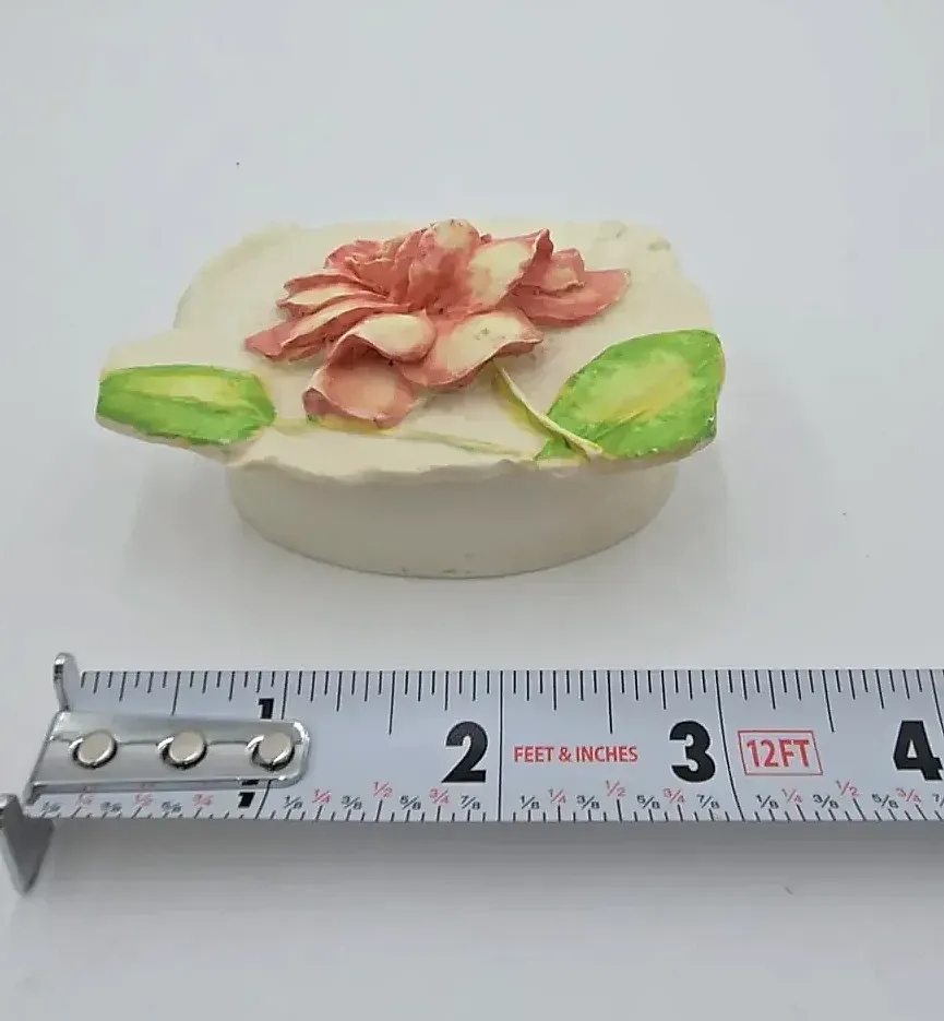 Vintage Hen-Feathers Floral Trinket Box Hand Painted Resin Jewelry Ring Box