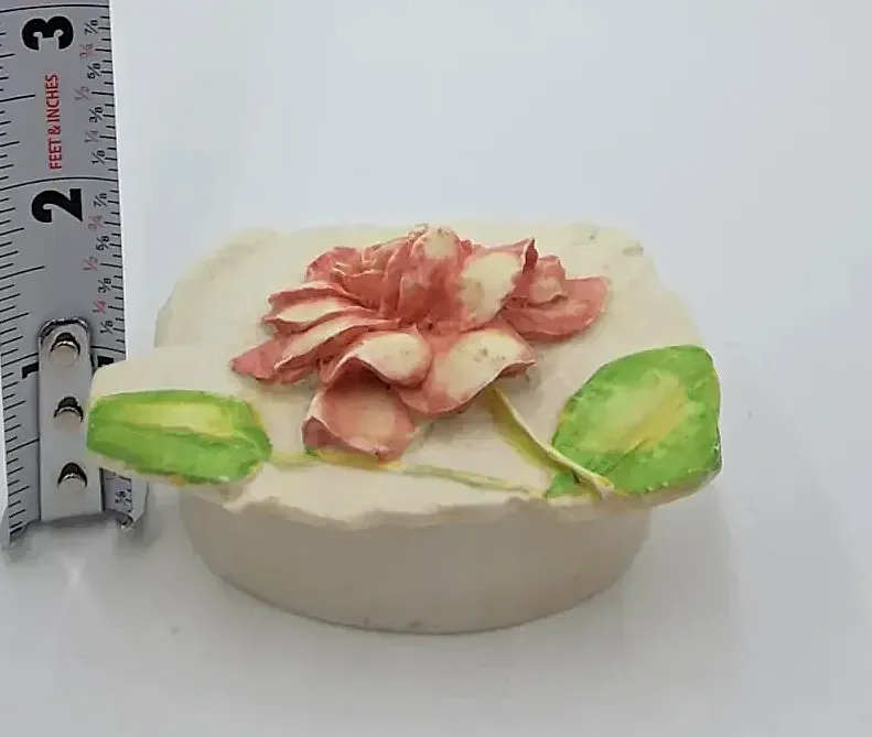 Vintage Hen-Feathers Floral Trinket Box Hand Painted Resin Jewelry Ring Box