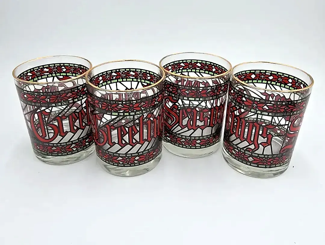 Vintage Houze Christmas Glasses Tumblers Lowball Set 4 Seasons Greetings Stained Glass