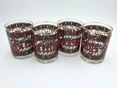 Vintage Houze Christmas Glasses Tumblers Lowball Set 4 Seasons Greetings Stained Glass