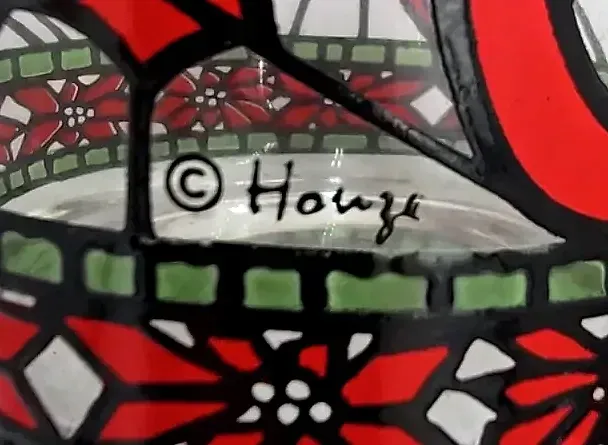 Vintage Houze Christmas Glasses Tumblers Lowball Set 4 Seasons Greetings Stained Glass — underside