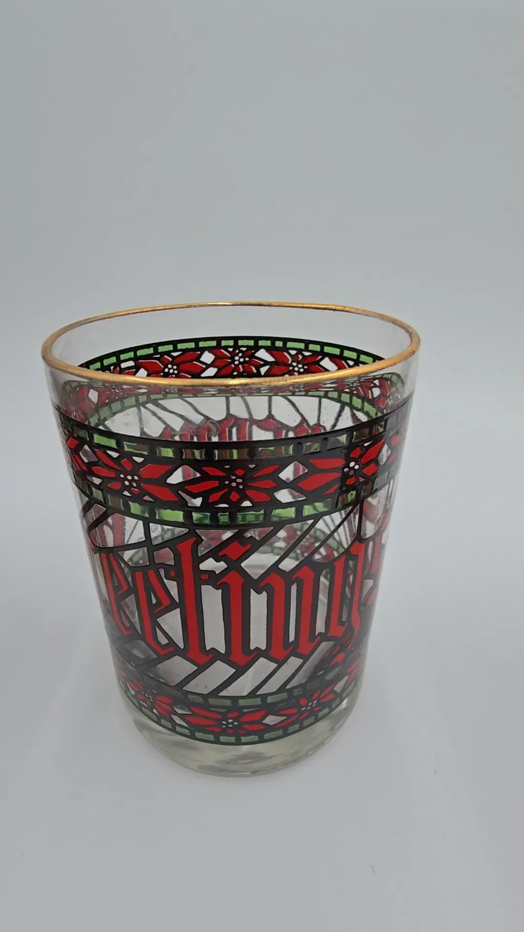 Vintage Houze Christmas Glasses Tumblers Lowball Set 4 Seasons Greetings Stained Glass — detail