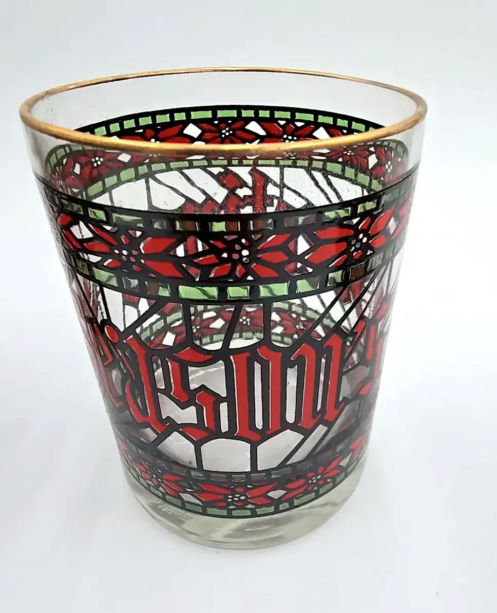 Vintage Houze Christmas Glasses Tumblers Lowball Set 4 Seasons Greetings Stained Glass — maker's mark