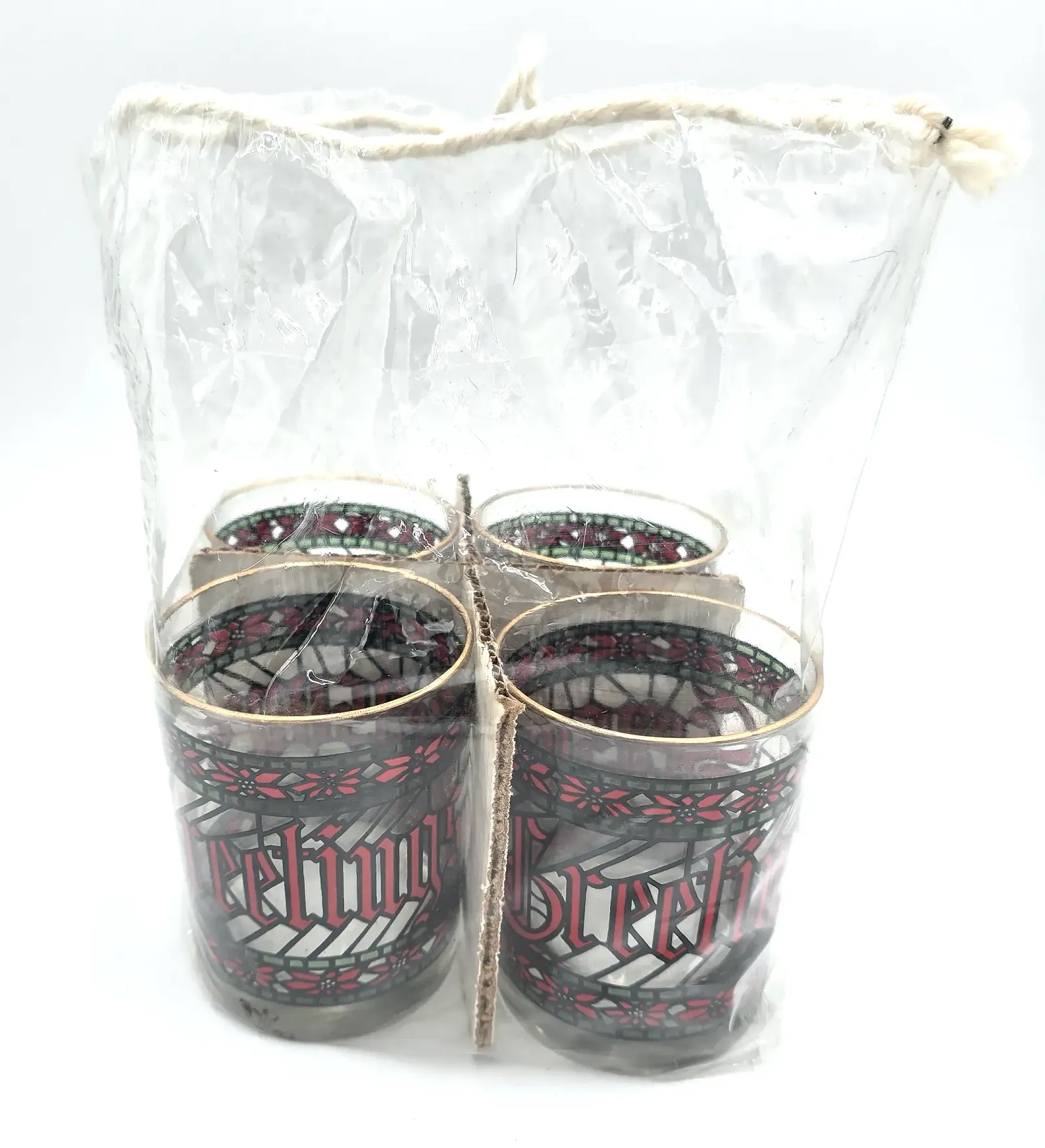 Vintage Houze Christmas Glasses Tumblers Lowball Set 4 Seasons Greetings Stained Glass — side view