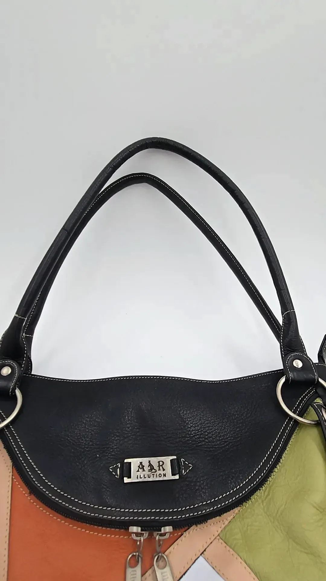 A&R Illution Leather Patchwork Shoulder Bag Hobo Multi Color Block Kangaroo Logo — maker's mark