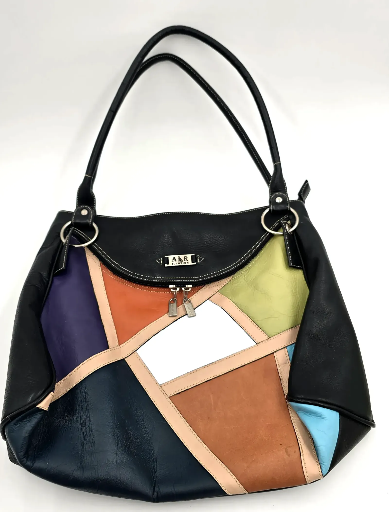 A&R Illution Leather Patchwork Shoulder Bag Hobo Multi Color Block Kangaroo Logo — side view