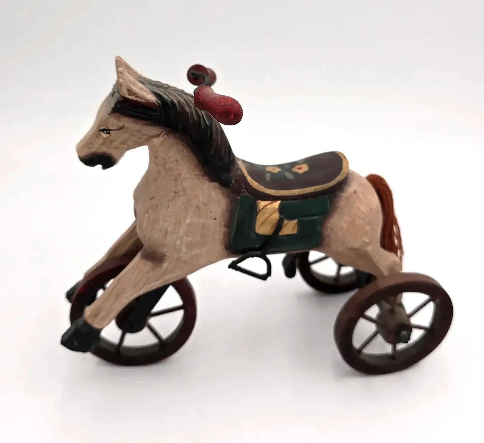 Vintage  Painted Wooden Horse Tricycle Figurine – Rustic Folk Art Holiday Decor