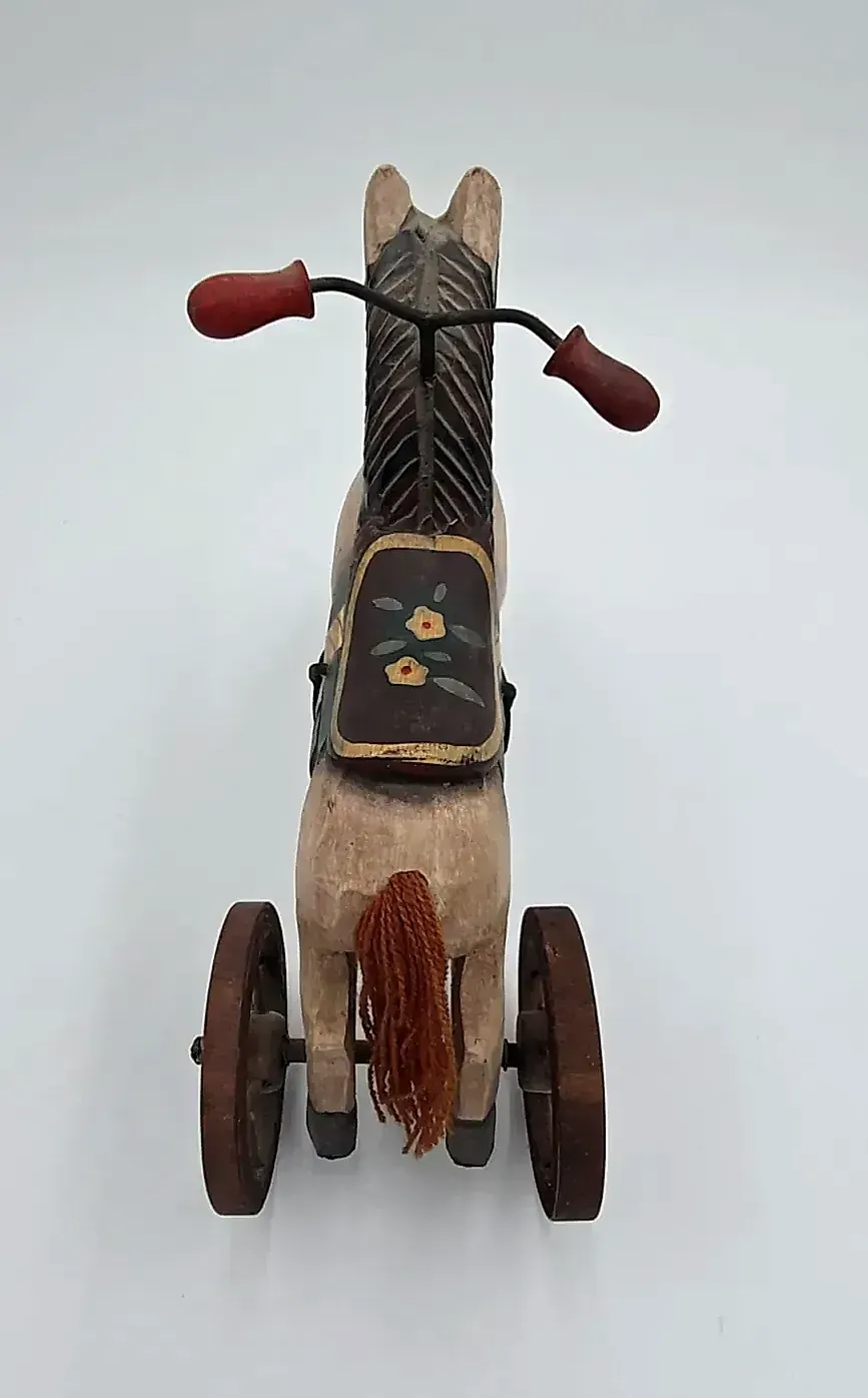 Vintage  Painted Wooden Horse Tricycle Figurine – Rustic Folk Art Holiday Decor — detail