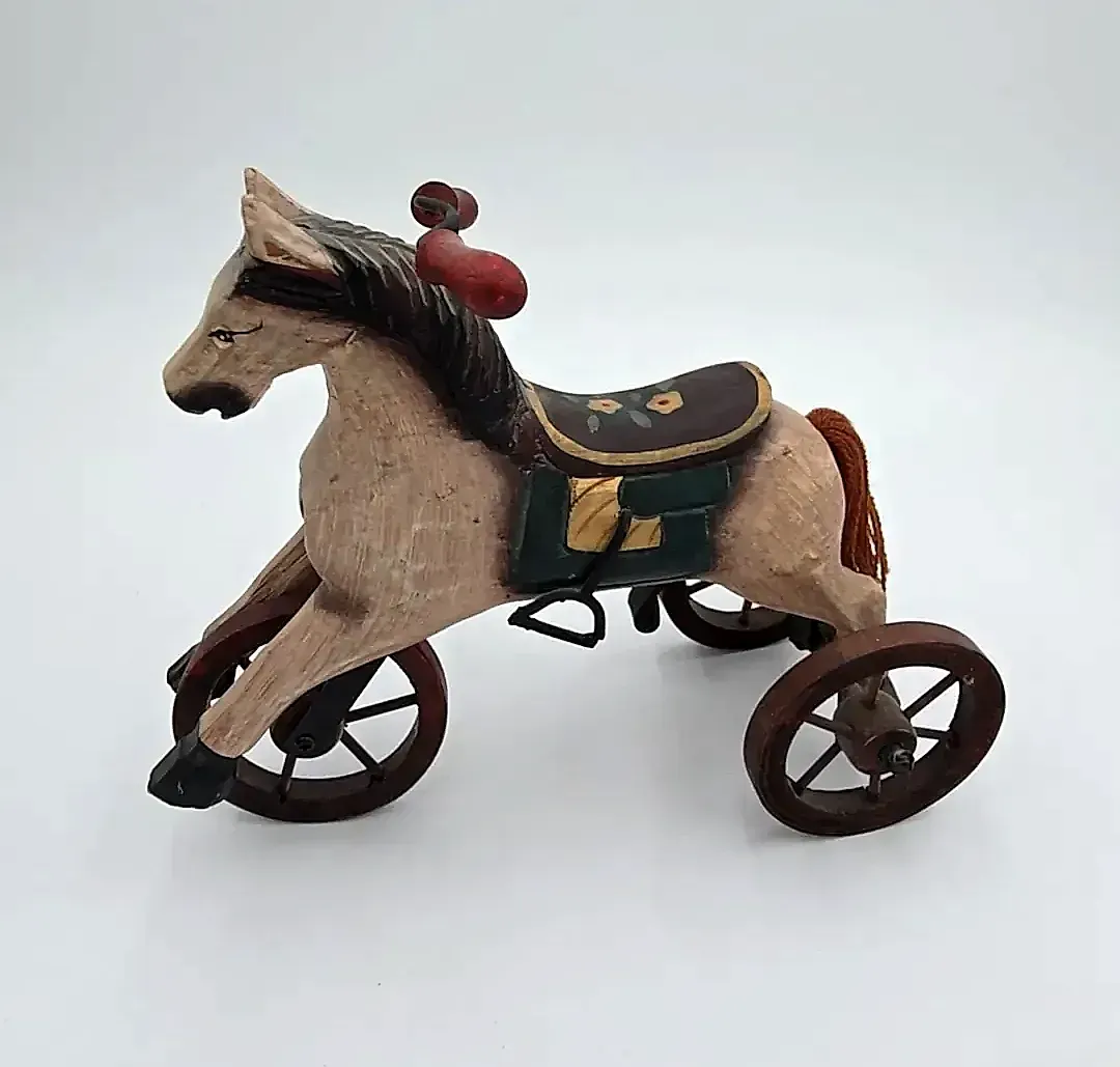 Vintage  Painted Wooden Horse Tricycle Figurine – Rustic Folk Art Holiday Decor — side view