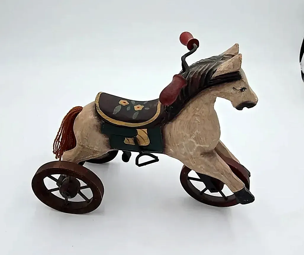 Vintage  Painted Wooden Horse Tricycle Figurine – Rustic Folk Art Holiday Decor — maker's mark