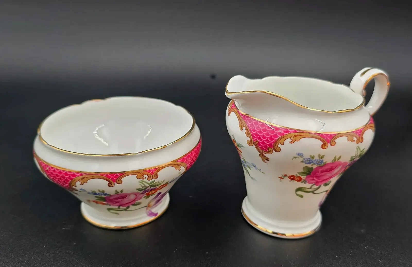 Vintage Aynsley English Bone China Mini Creamer & Sugar Bowl Set Pink Fish Scale