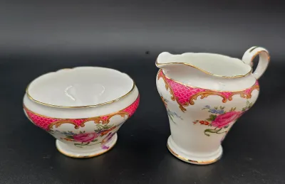 Vintage Aynsley English Bone China Mini Creamer & Sugar Bowl Set Pink Fish Scale