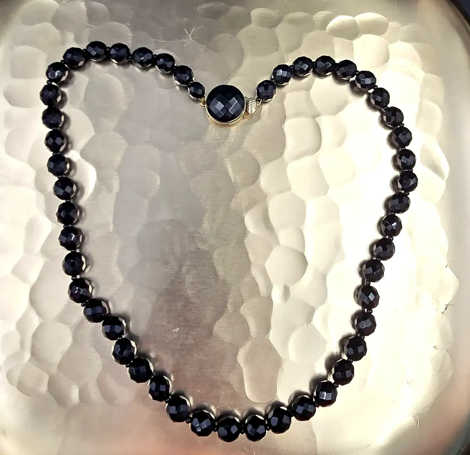 Antique Art Deco Black Glass Faceted Bead Choker Necklace Vintage