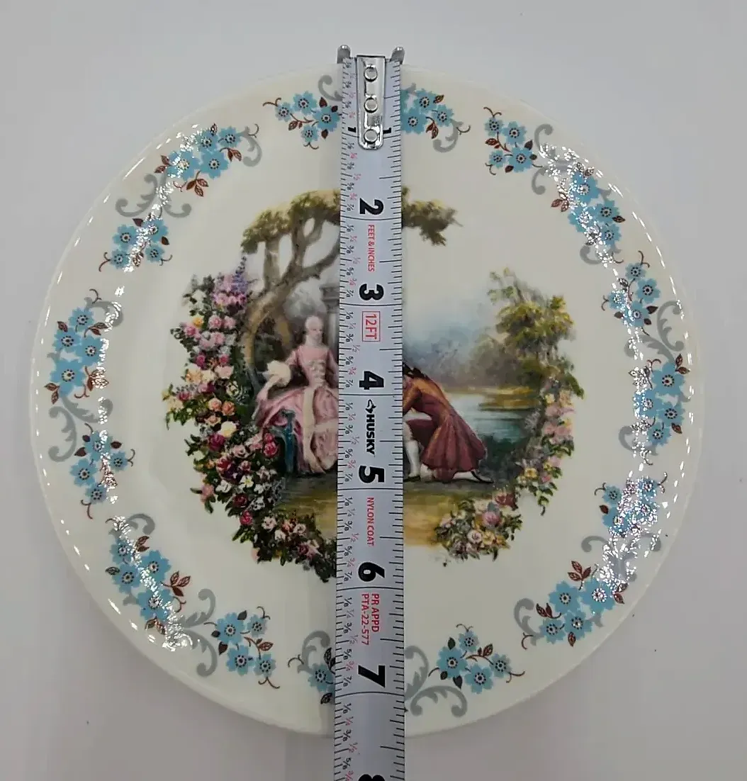2 Vintage Crown Staffordshire 8" Plates Courting Couple Factory Hanging Holes — maker's mark