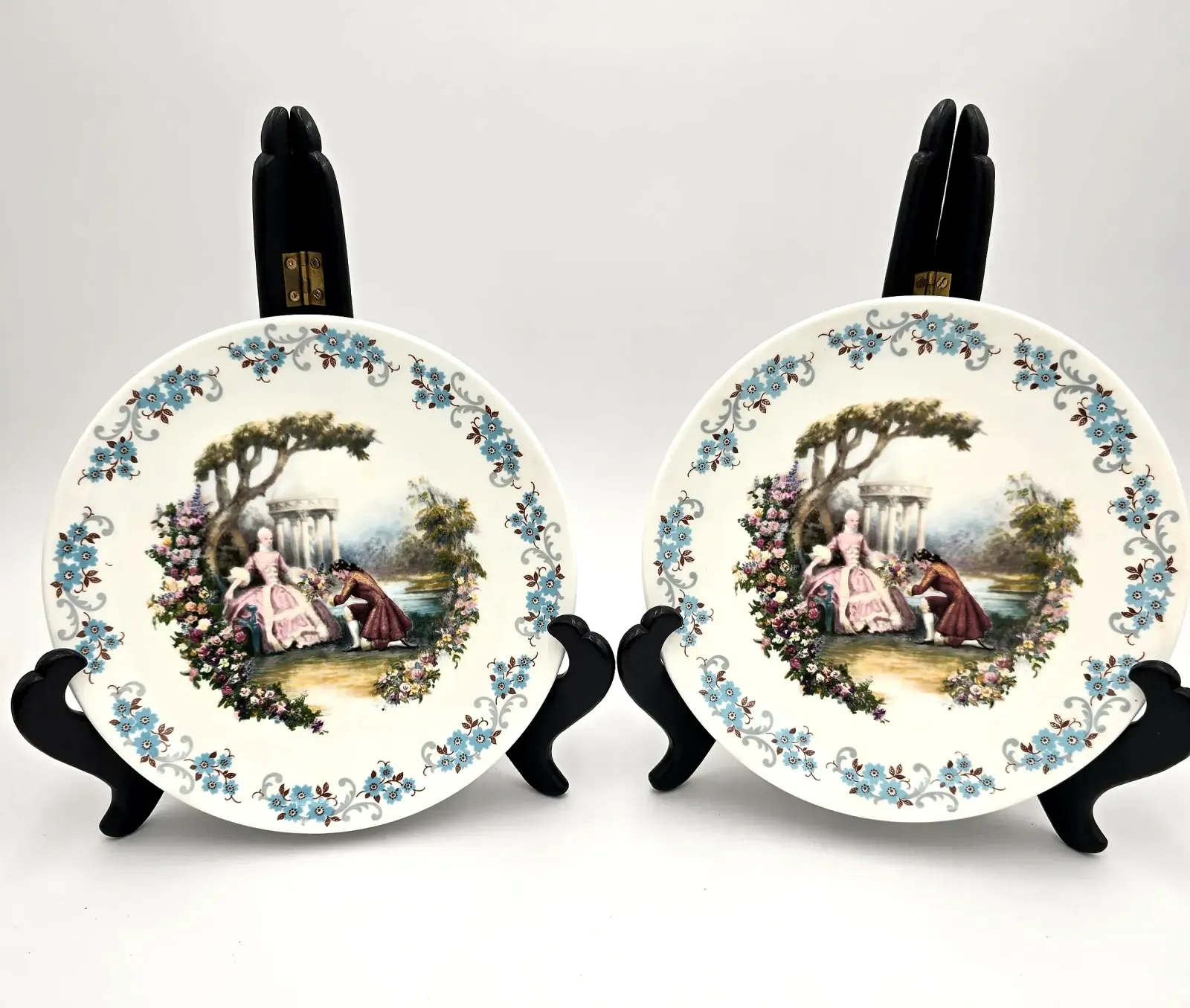 2 Vintage Crown Staffordshire 8" Plates Courting Couple Factory Hanging Holes