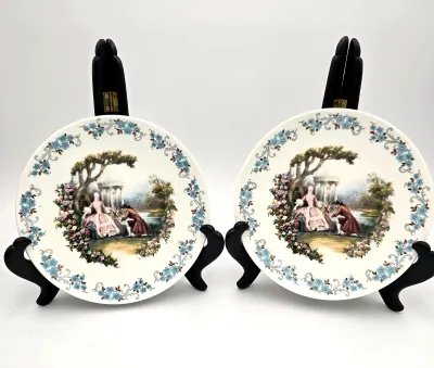 2 Vintage Crown Staffordshire 8" Plates Courting Couple Factory Hanging Holes