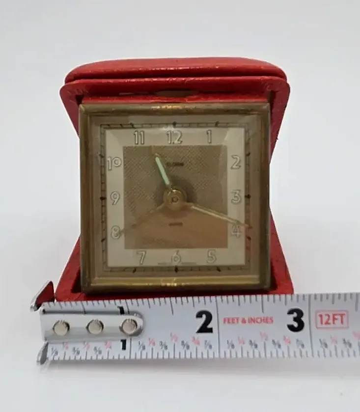 Vintage travel Alarm clock in folding Red leather Case Working Made in Germany