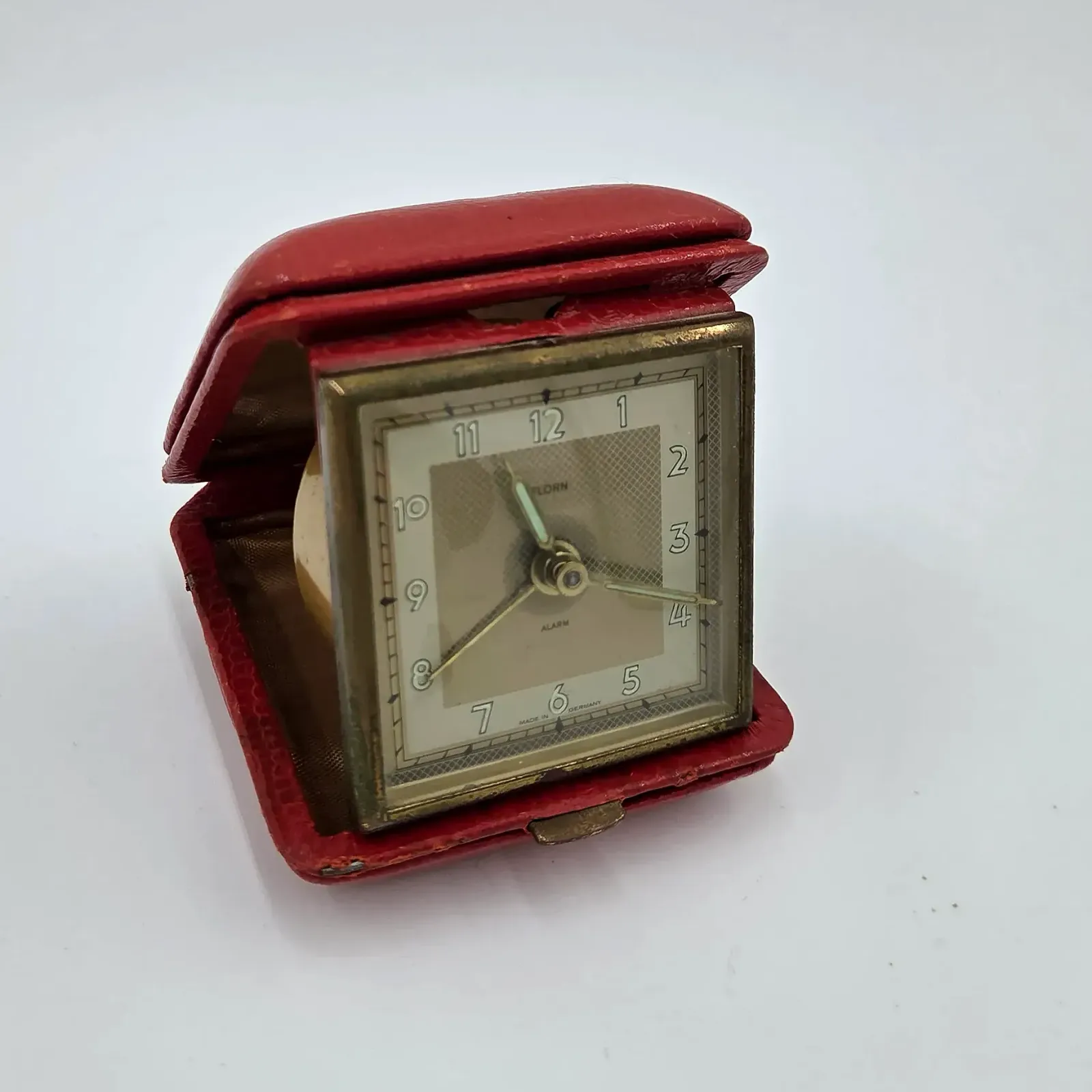 Vintage travel Alarm clock in folding Red leather Case Working Made in Germany