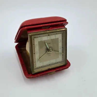 Vintage travel Alarm clock in folding Red leather Case Working Made in Germany