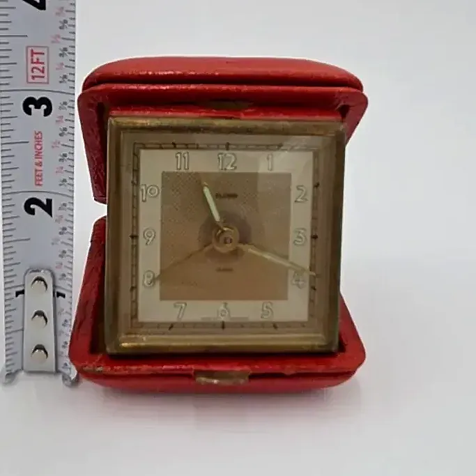 Vintage travel Alarm clock in folding Red leather Case Working Made in Germany