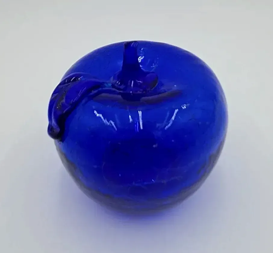 Vintage Hand Blown Cobalt Blue Crackle Glass Apple Paperweight Art Glass Decor