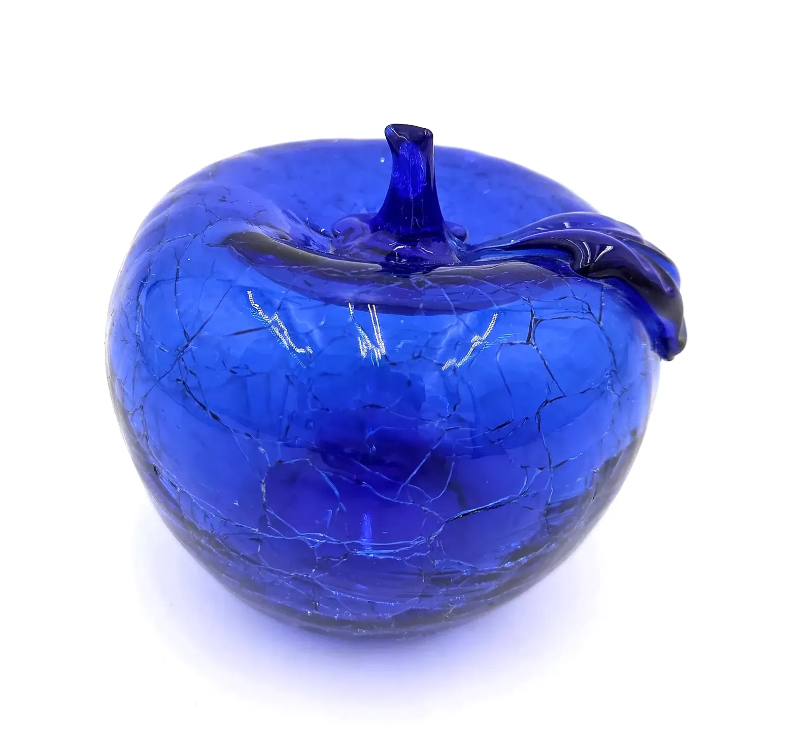Vintage Hand Blown Cobalt Blue Crackle Glass Apple Paperweight Art Glass Decor