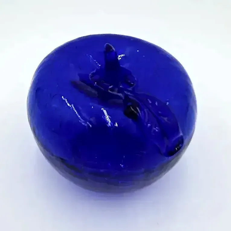 Vintage Hand Blown Cobalt Blue Crackle Glass Apple Paperweight Art Glass Decor
