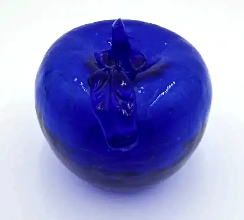 Vintage Hand Blown Cobalt Blue Crackle Glass Apple Paperweight Art Glass Decor