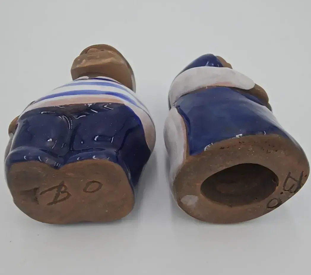 Vtg Scandinavian Folk Art Clay Sailor Figurines Pair Signed B.O. Cobalt Blue — maker's mark