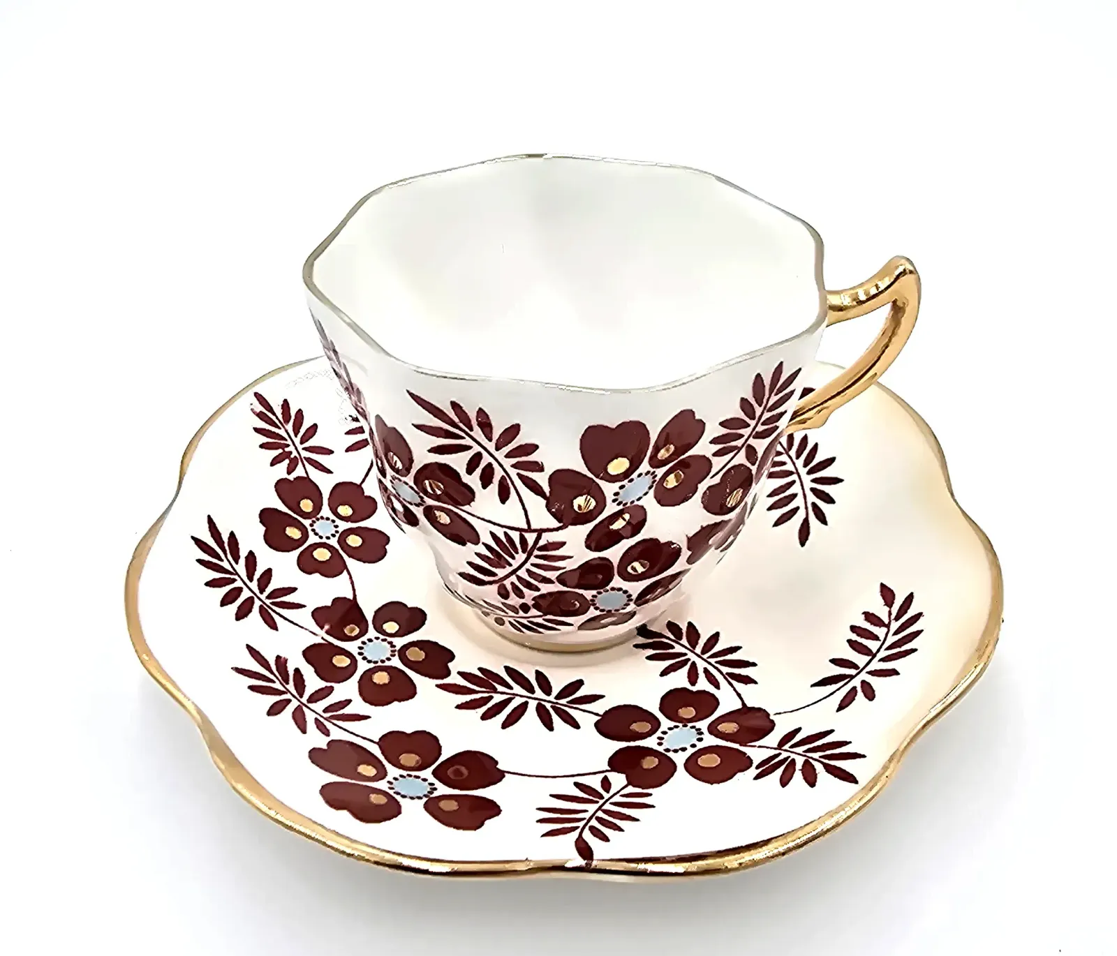Vintage Rosina Bone China Tea Cup & Saucer Brown Floral Gold Trim England 5112