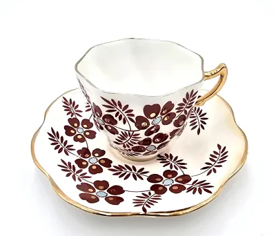Vintage Rosina Bone China Tea Cup & Saucer Brown Floral Gold Trim England 5112