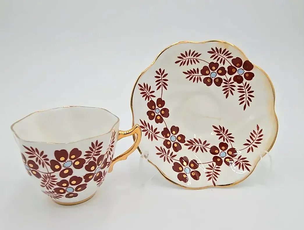 Vintage Rosina Bone China Tea Cup & Saucer Brown Floral Gold Trim England 5112