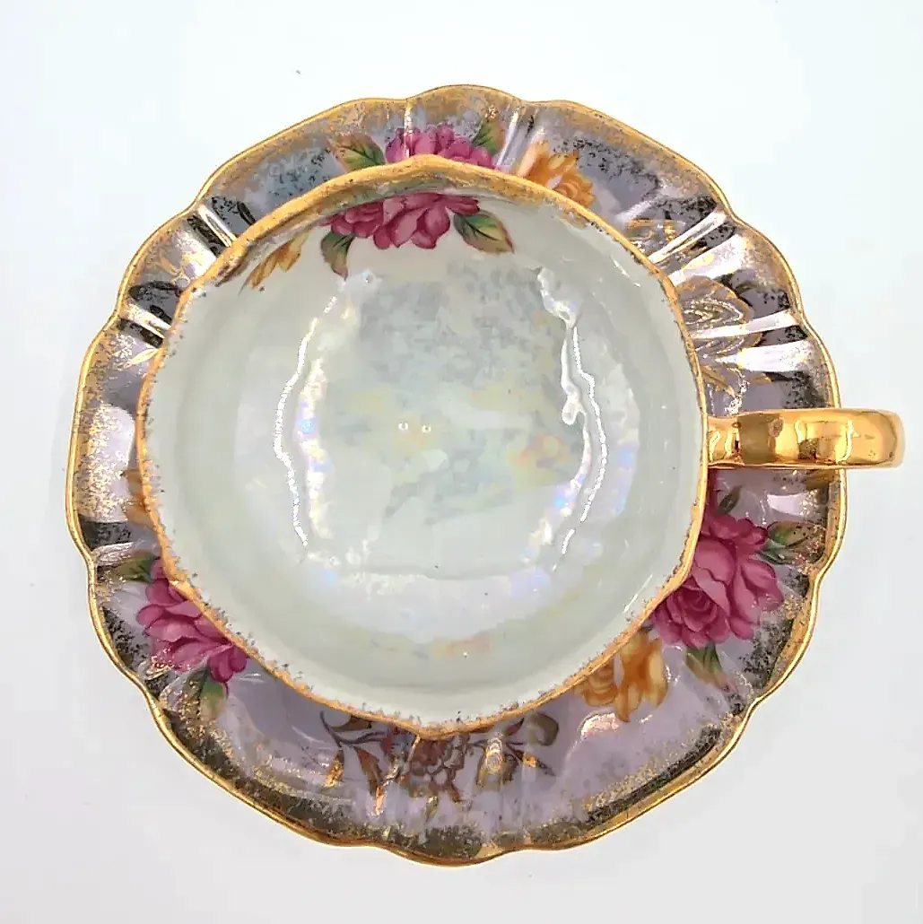 Vtg Royal Halsey Lavender Lusterware Teacup & Saucer Tri-Footed Cabbage Rose — side view