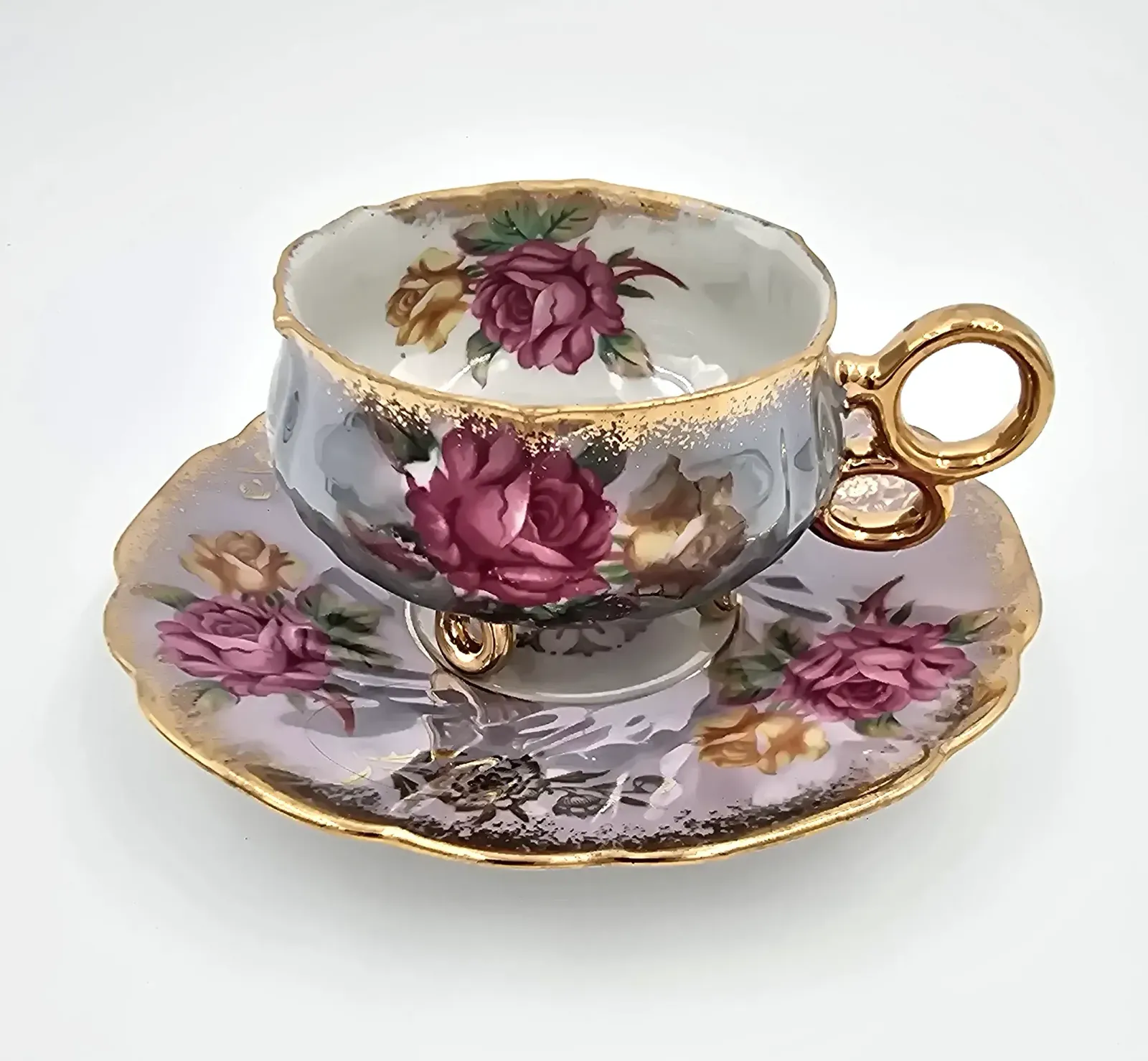 Vtg Royal Halsey Lavender Lusterware Teacup & Saucer Tri-Footed Cabbage Rose