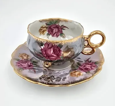 Vtg Royal Halsey Lavender Lusterware Teacup & Saucer Tri-Footed Cabbage Rose