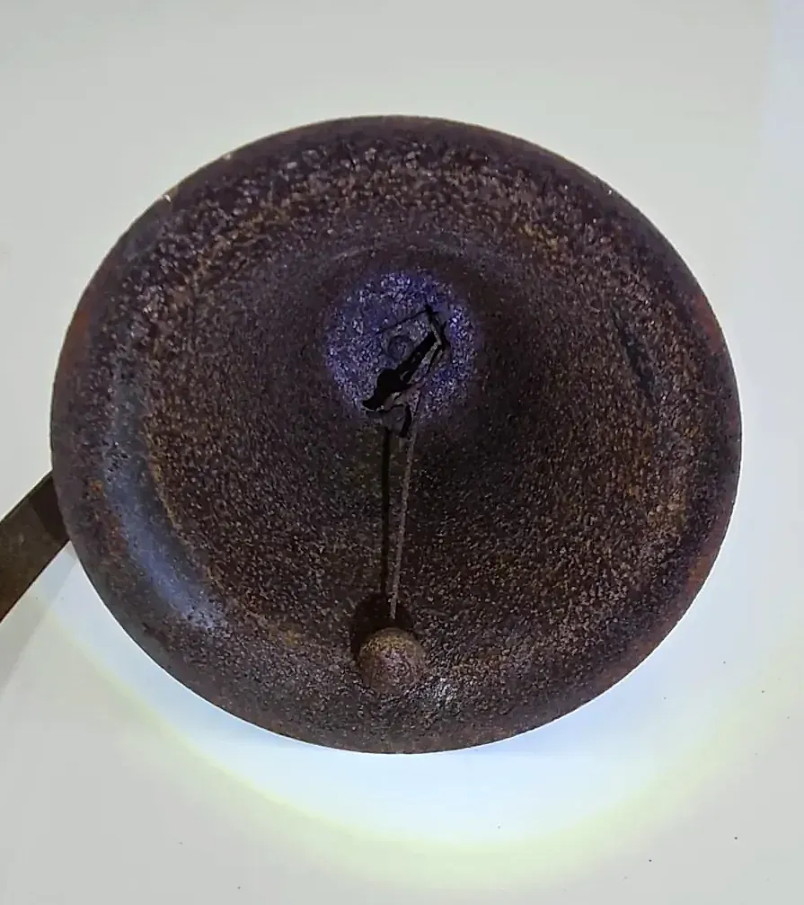 Vintage Dinner Bell Wall Mounted Wrought Scroll Bracket Farmhouse — side view