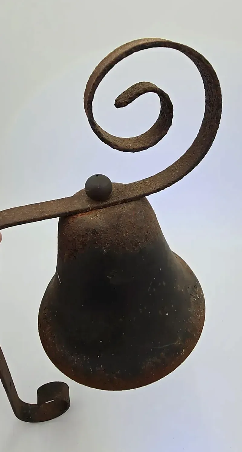 Vintage Dinner Bell Wall Mounted Wrought Scroll Bracket Farmhouse — maker's mark