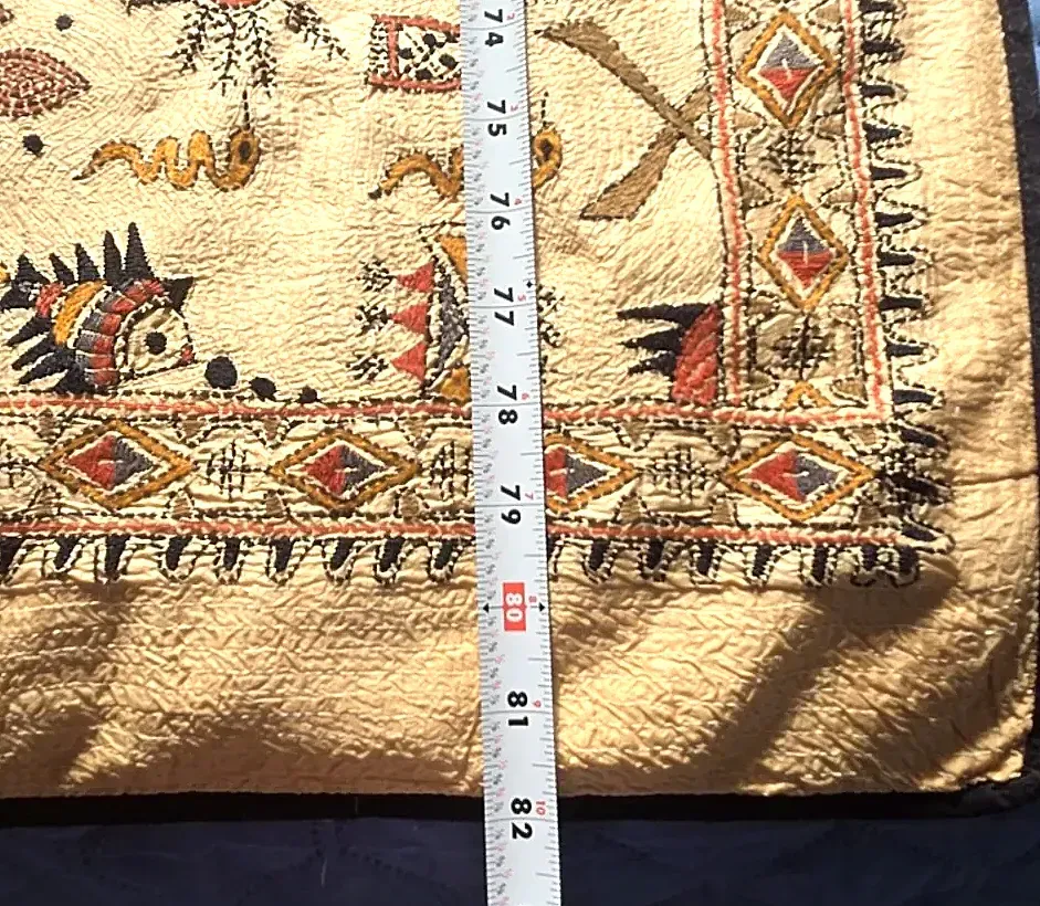 Hand Embroidered Folk Art Textile Runner  Fish Birds — underside