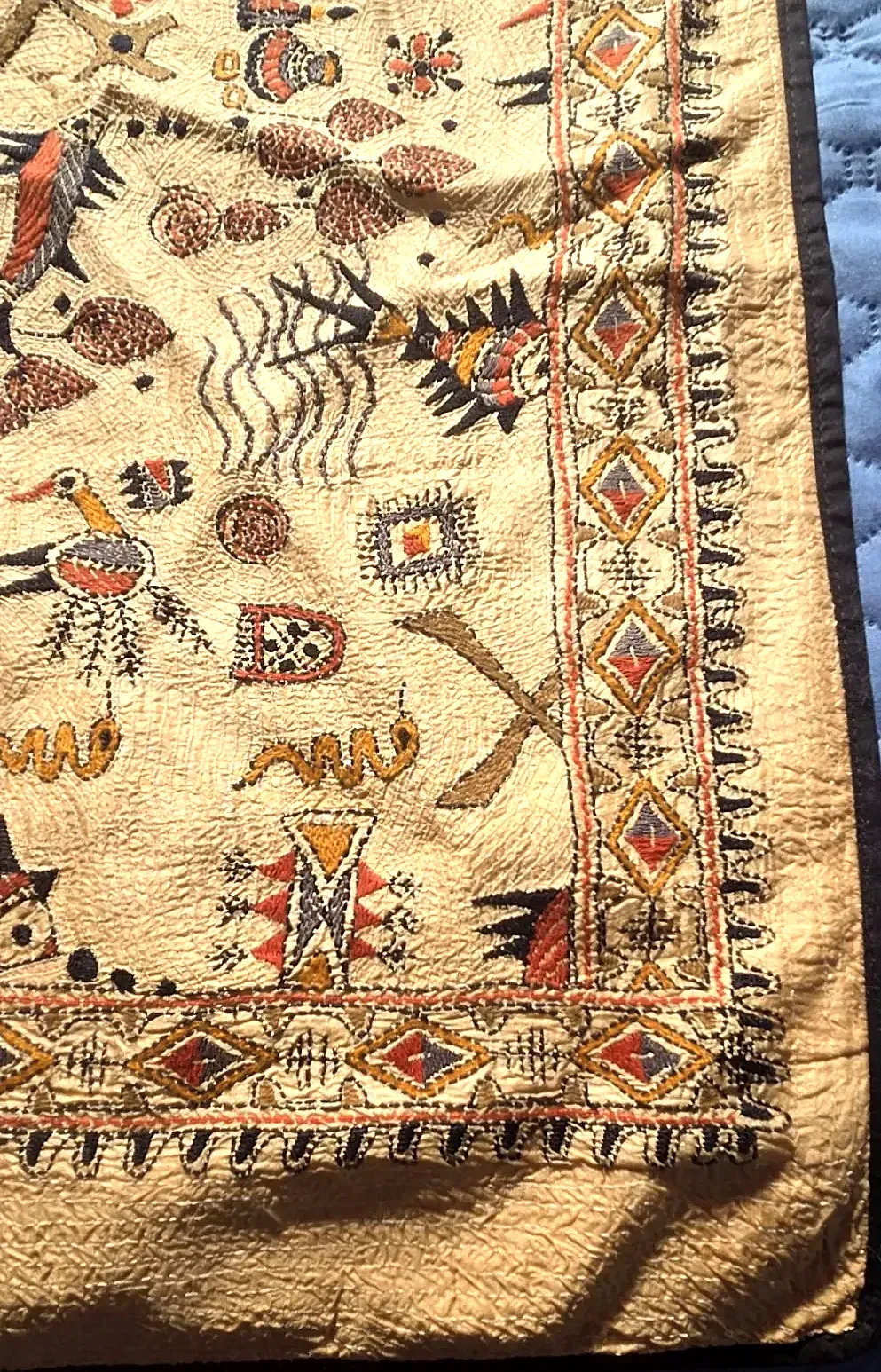 Hand Embroidered Folk Art Textile Runner  Fish Birds — detail
